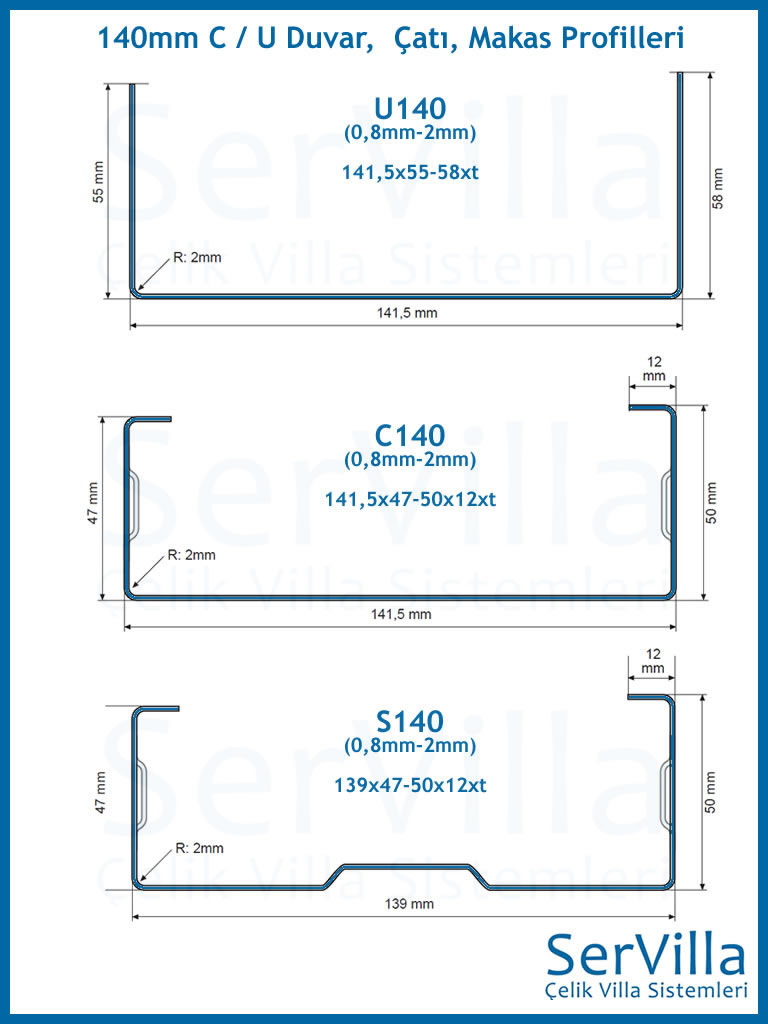 140mm Genişliğinde C ve U Profilleri